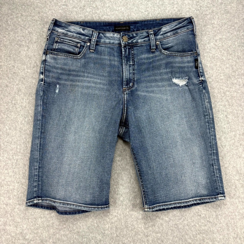 Silver Jeans Bermuda Shorts Women 33 Blue Distressed Avery High Rise Denim